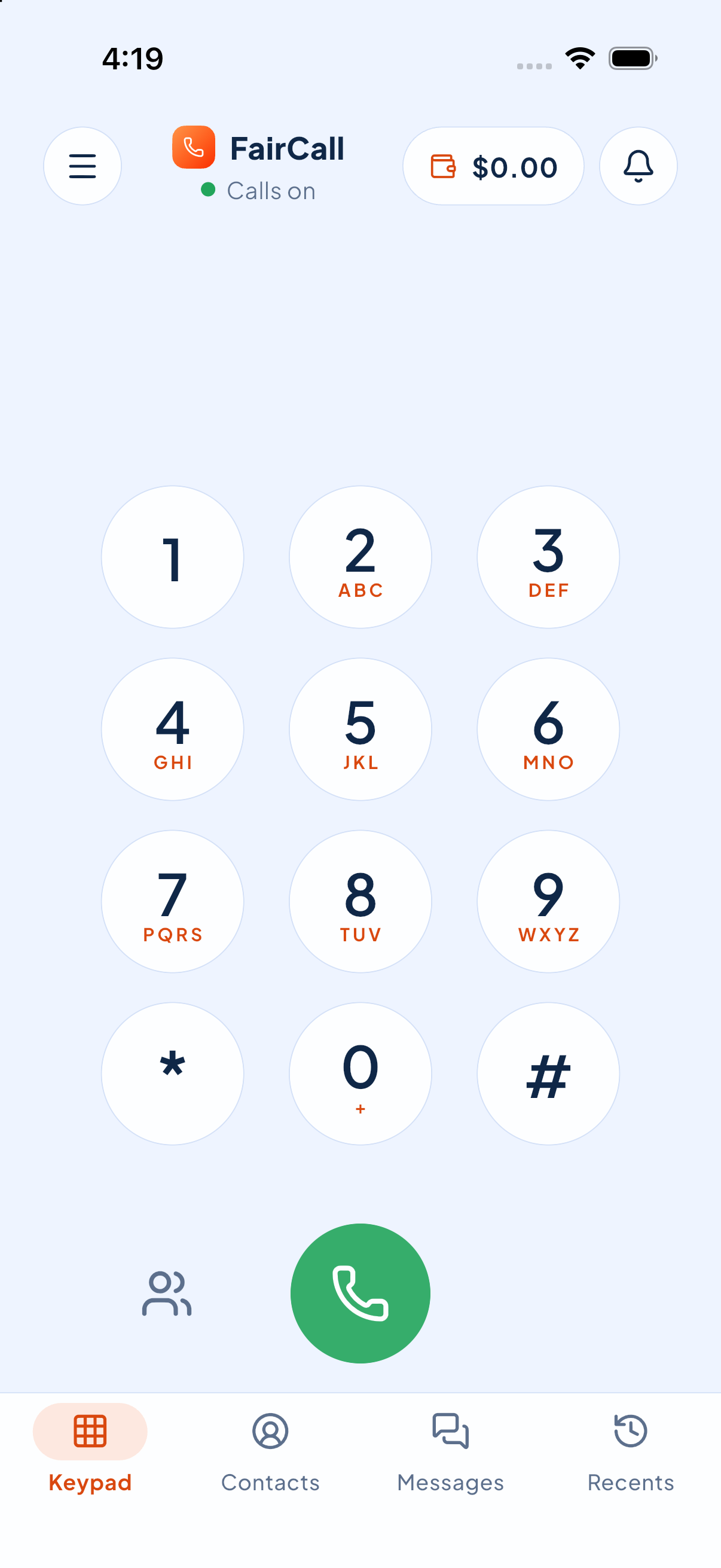 FairCall keypad screen