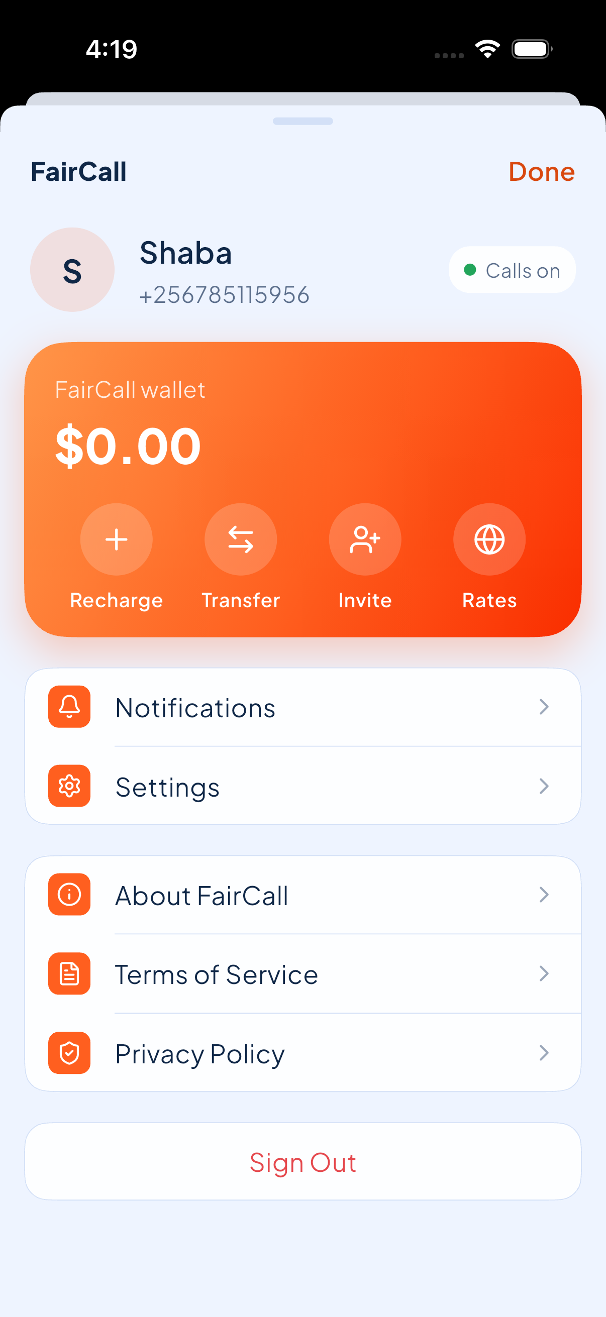 FairCall menu sheet showing the orange wallet card and menu rows