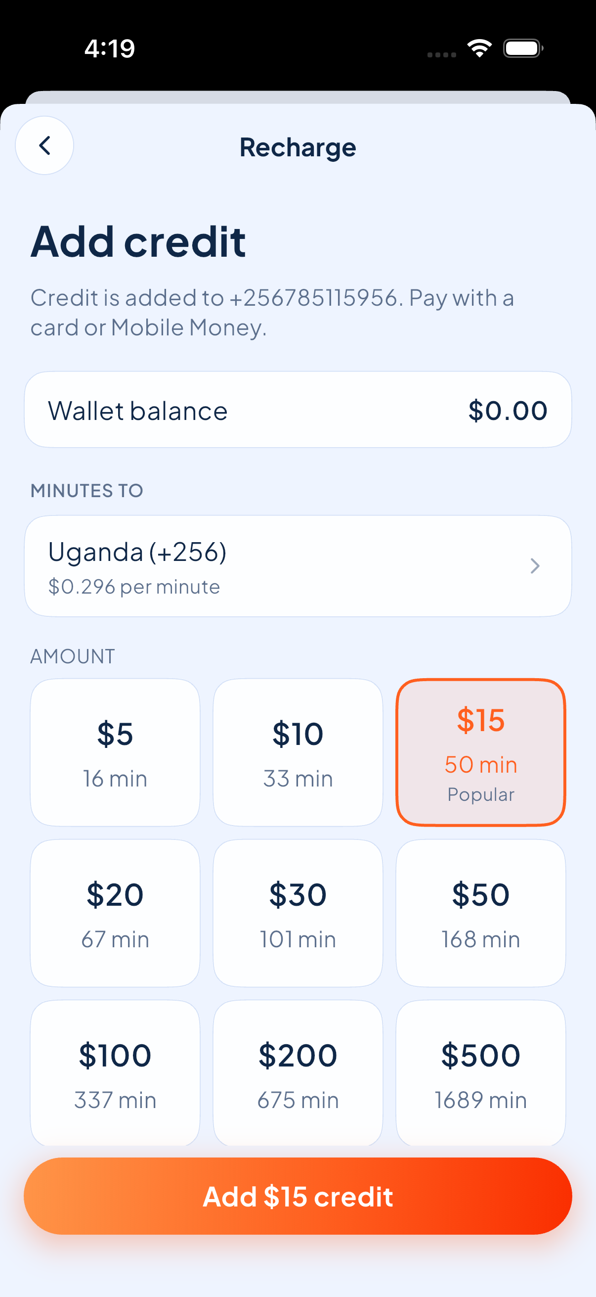 FairCall recharge screen listing credit packs with minutes to Uganda